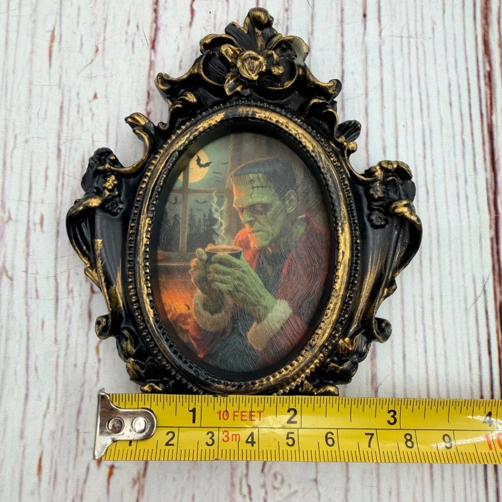 Frankenstein Coffee Ornate Resin Frame Gothic Horror Decoupage Art Print 5in